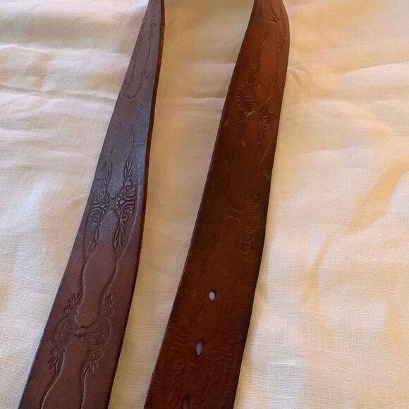 Vintage Hand Tooled Brown Leather Belt Size Large Full Grain Cowhide USA No Loop - Picture 7 of 13